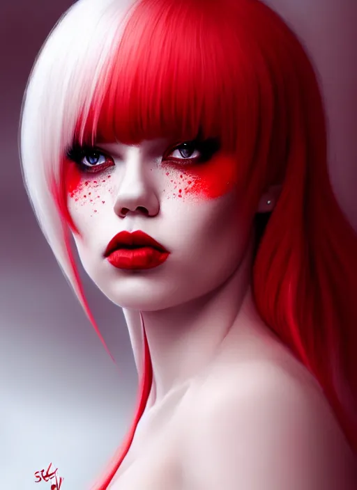 Image similar to photo of kerli koiv with red and white ombre in the style of stefan kostic, realistic, half body shot, sharp focus, 8 k high definition, insanely detailed, intricate, elegant, art by stanley lau and artgerm, foggy backgeound