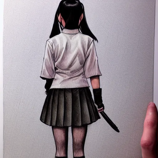 Image similar to a perfect, realistic professional digital sketch of a Japanese schoolgirl in style of Marvel, full length, by pen and watercolor, by a professional American artist on ArtStation, a hollywood-style sketch, on high-quality paper