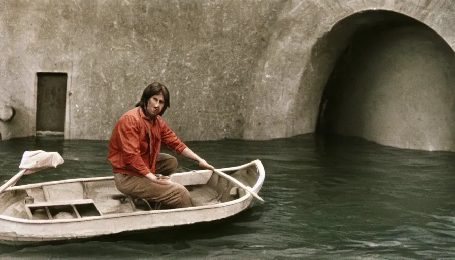 Prompt: 1 9 7 0 movie still of a man in a small boat in a tunnel flooded in blood, eastmancolor, heavy grain, high quality, high detail, refined face