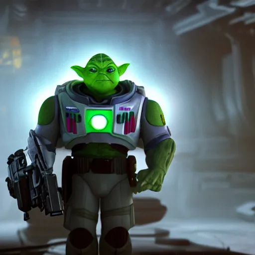 Image similar to yoda as buzz lightyear buzz lightyear in gears of war, splash art, movie still, cinematic lighting, dramatic, octane render, long lens, shallow depth of field, bokeh, anamorphic lens flare, 8 k, hyper detailed, 3 5 mm film grain