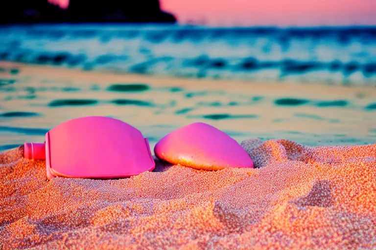 Image similar to a vintage family holiday photo fuji kodak of an empty beach shore with pastel pink sand reflective metallic water and sunbathing equipment at dusk.