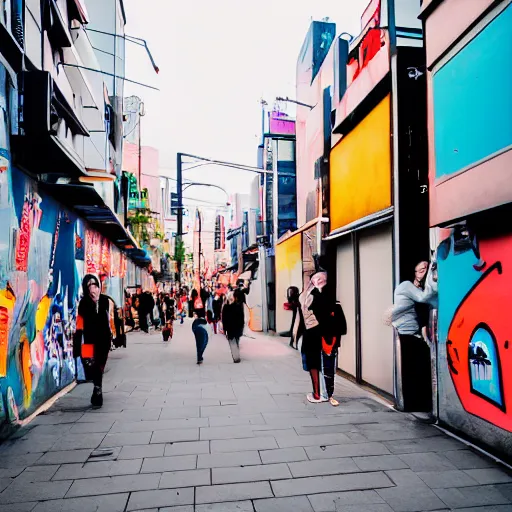 Image similar to people walking down futuristic Japanese street with graffiti and neon signs in the background