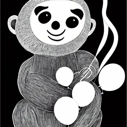 Image similar to book illustration of a sloth holding balloons, book illustration, monochromatic, white background, black and white image