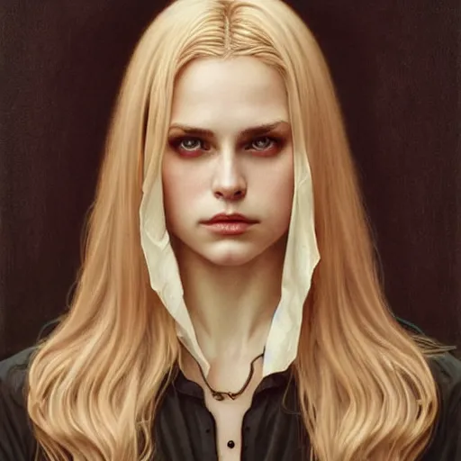 Prompt: portrait of a beautiful young blonde vampire, anatomically correct, dark, piercing eyes, gentle expression, elegant clothing, photorealistic, highly detailed, artstation, smooth, sharp focus, art by michael whelan, artgerm, greg rutkowski and alphonse mucha