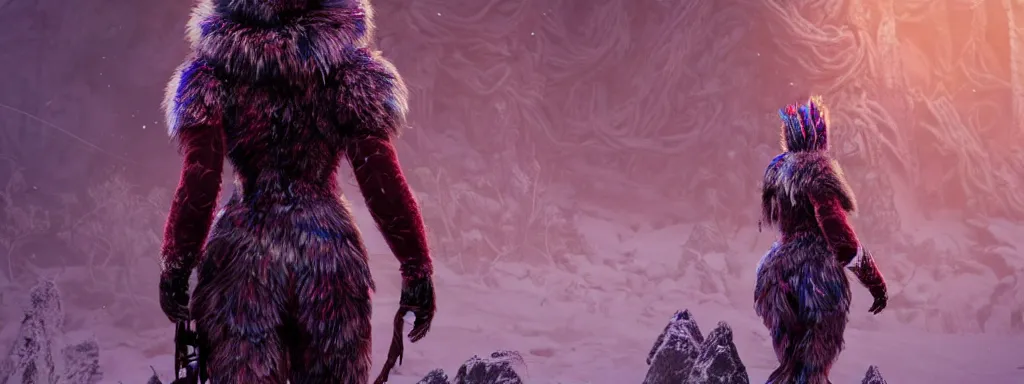 Prompt: explorer woman walking in animal fur armour, walking in a dense alien snow covered frosty jungle, with snow covered colourful red, blue and purple plants, large vines, snow covered arched organic rock structures, in the style of monster hunter world, like concept art on artstation, hyperdetailed, vray render, octane render,