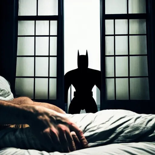 Image similar to man sleeping in bed with hostile batman lurking in the window.