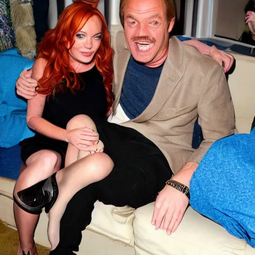 Prompt: a man tickling Lindsay Lohan baresoles on his lap