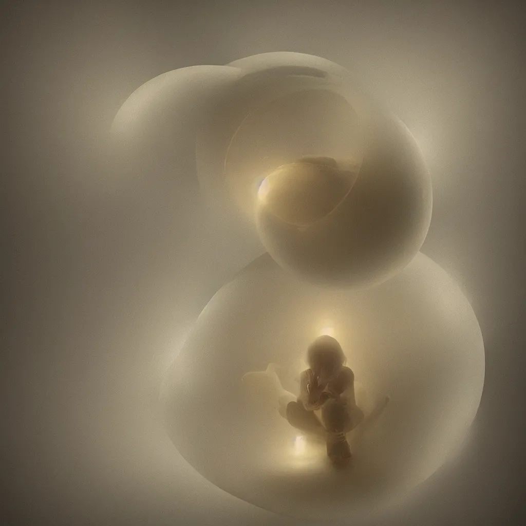 Prompt: “the last human being uploaded to the cloud sitting in a spherical white chamber with the surfaces glowing in gold with consciousness, highly detailed in 4K”