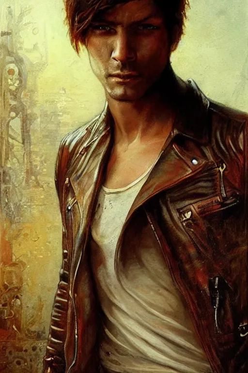 Image similar to a thirty - five year old contract killer named cobalt. he wears a brown leather jacket with a bloody white t - shirt tucked into his jeans. art by gaston bussiere.