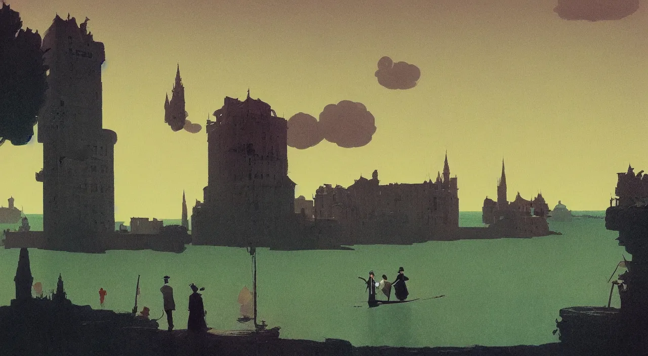 Image similar to single flooded simple clay tower, very coherent and colorful high contrast!! masterpiece by rene magritte simon stalenhag carl spitzweg syd mead norman rockwell edward hopper james gilleard, minimalist, dark shadows, sunny day, hard lighting