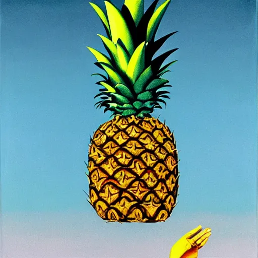 Prompt: the son of man but with a pineapple, painting by rene magritte, high detail, high resolution