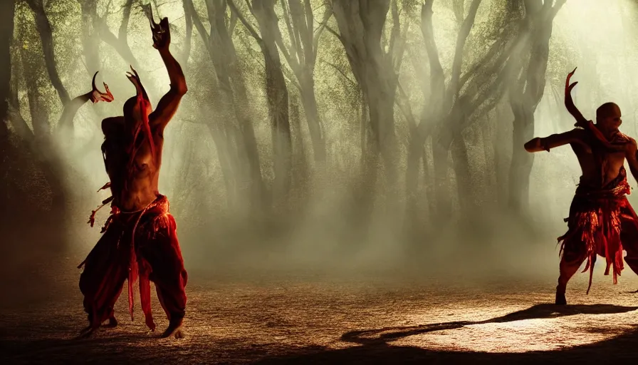 Image similar to screen shot of baraka, ambient lighting, cinematic, epic, demonic dance, chanting, forest