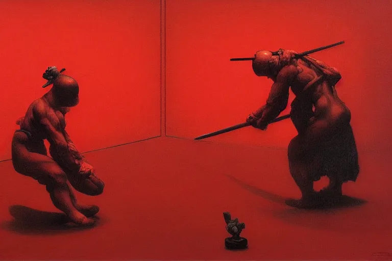 Image similar to only with red, a red samurai do seppuku, tokio, a lot of frogs watch, in the style of beksinski, parts by edward hopper, parts by rodcenko, parts by yue minjun, intricate and epic composition, red by caravaggio, insanely quality, highly detailed, masterpiece, red light, artstation, 4 k