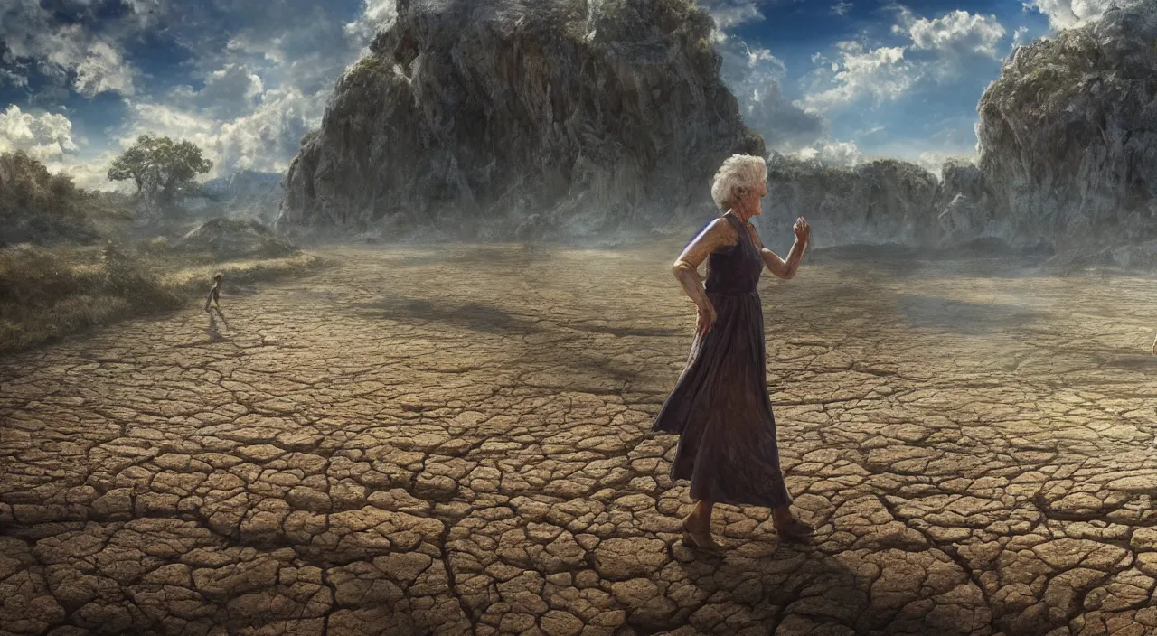 Image similar to Giant 65-year-old giant Gaia woman crying as she walks over a dried up river, blue sky, warm and sunny, highly-detailed, elegant, dramatic lighting, artstation, 4k, cinematic landscape