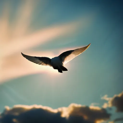 Prompt: Realistic shot of a radiant white dove flying over the clouds at sunset, ethereal, vintage photograph, film grain, surreal, awe-inspiring, highly detailed