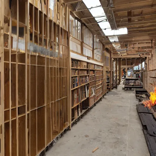 Prompt: The indoor timber and hardware section of a Lowe's on fire