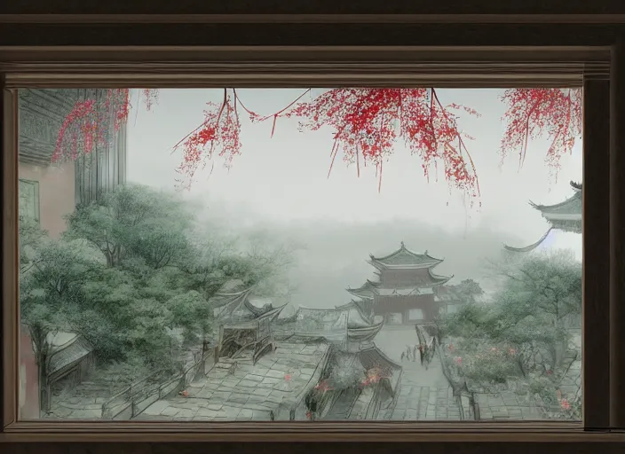 Image similar to view through window, magnificent city in ancient china in late spring, flowers will fade, some fog, realistic style, high details, scene concept., trending on artstation