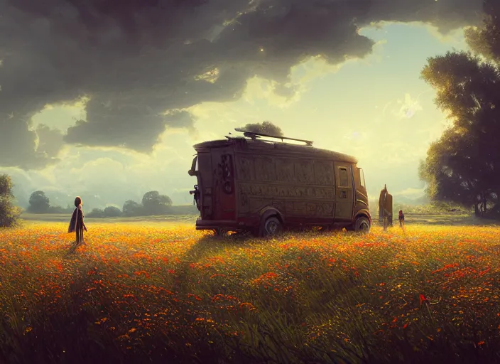 Prompt: detailed intricate digital illustration by greg rutkowski and and wlop and sanford robinson gifford ; conversion van, beautiful meadow with colorful flowers and puffy clouds in background ; 1 3 mm film, arri alfa anamorphic lens ; sharp focus, golden hour lighting, trending on artstation 4 k ; close view