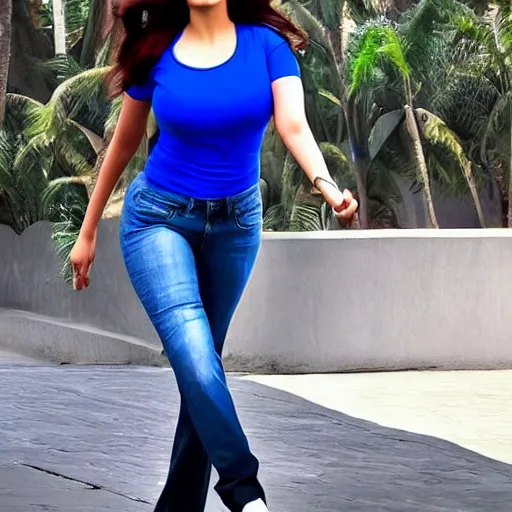 Image similar to aishwarya rai, blue tight tshirt, black extremely tight jeans, beautiful, award winning photography, extremely detailed, hyperrealistic, 4 k, real detailed face, full body, amazing bulging chest