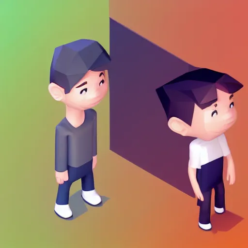 Prompt: Isometric 3d render of a boy with a long nose and brown hair, white background, ambient occlusion, cute, chibi proportions, low poly