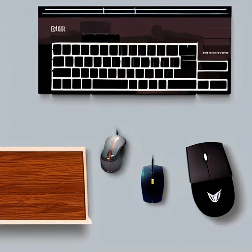 Image similar to top down photo of a desk with a gaming keyboard and gaming mouse on, photorealistic