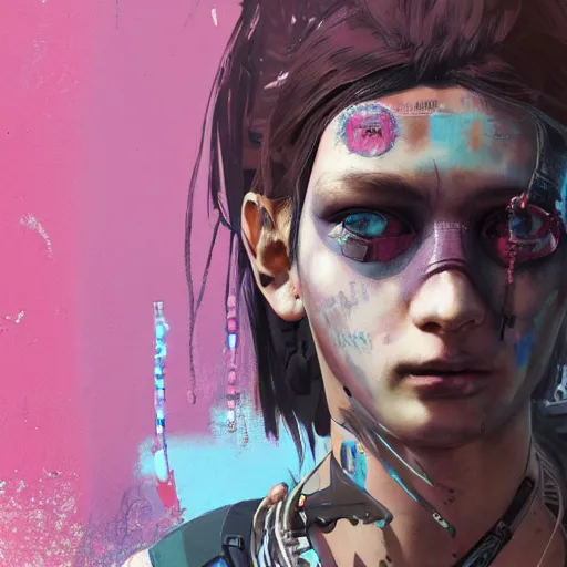 Image similar to highly detailed portrait of a post-cyberpunk south african young lady by Akihiko Yoshida, Greg Tocchini, 4k resolution, mad max inspired, pastel pink, light blue, brown, white and black color scheme with south african symbols and graffiti