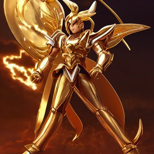 Image similar to A golden zodiac knight from saint Seiya using the holy Pikachu golden armor, ears and thunder tail by Stanley Artgerm Lau, WLOP, Rossdraws, ArtStation, CGSociety, concept art, cgsociety, octane render, trending on artstation, artstationHD, artstationHQ, unreal engine, 4k, 8k,