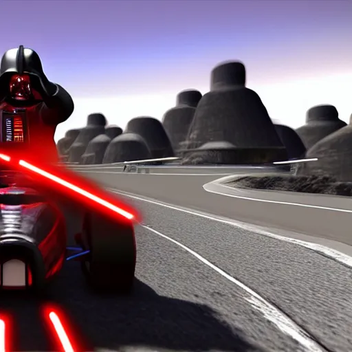 Prompt: still image of darth vader driving in mario kart tour deluxe race, unreal engine 5, 3 d, octane