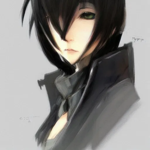Image similar to A cute anime girl wearing a long coat, shoulder length straight black hair with bob cut, dark eyes, concept art, charcoal sketch, portrait, Huke, krenz cushart, trending on artstation