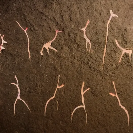 Image similar to Prehistoric cave paintings made of berry paint on ancient cave walls at sunrise depicting deer hunting with minimalist characters.