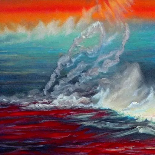 Prompt: Beautiful oil painting. Fire tornado in the open ocean. Raging sea. Catastrophe. Small sailboat. Crimson tones, Scarlet tones.