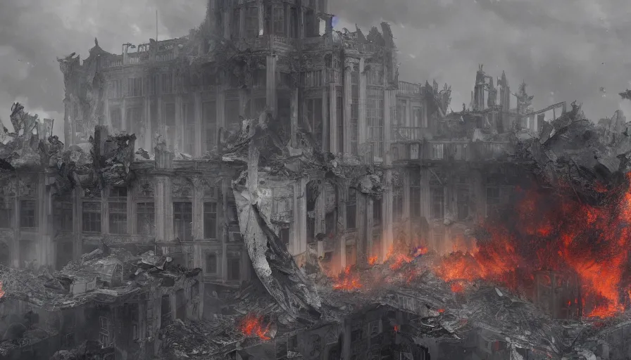 Image similar to destroyed palace of justice of brussels on fire, grey sky, debris, collapsing, hyperdetailed, artstation, cgsociety, 8 k