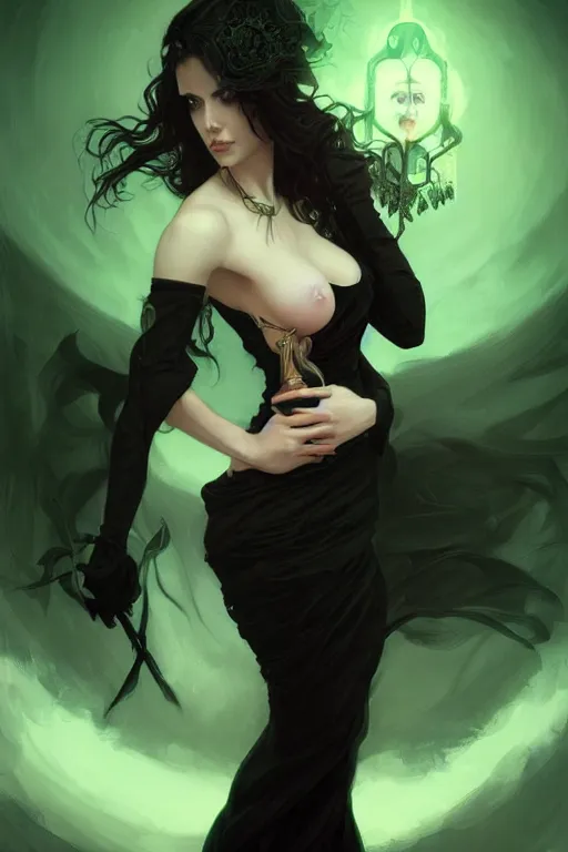 Image similar to portrait of a dark fantasy seductive female necromancer, stylish black dress, green eyes, long red hair, fantasy, elegant, intricate, full frontal shot, highly detailed, digital painting, artstation, concept art, sharp focus, illustration, art by artgerm and greg rutkowski and alphonse mucha