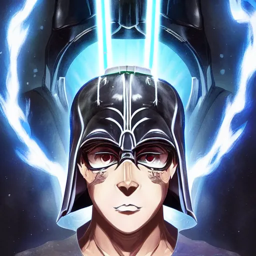 Image similar to anime portrait of Darth Vader as a shaman yedi using dark force to eliminate trump as an anime antagonist by Stanley Artgerm Lau, WLOP, Rossdraws, James Jean, Andrei Riabovitchev, Marc Simonetti, and Sakimichan, trending on artstation