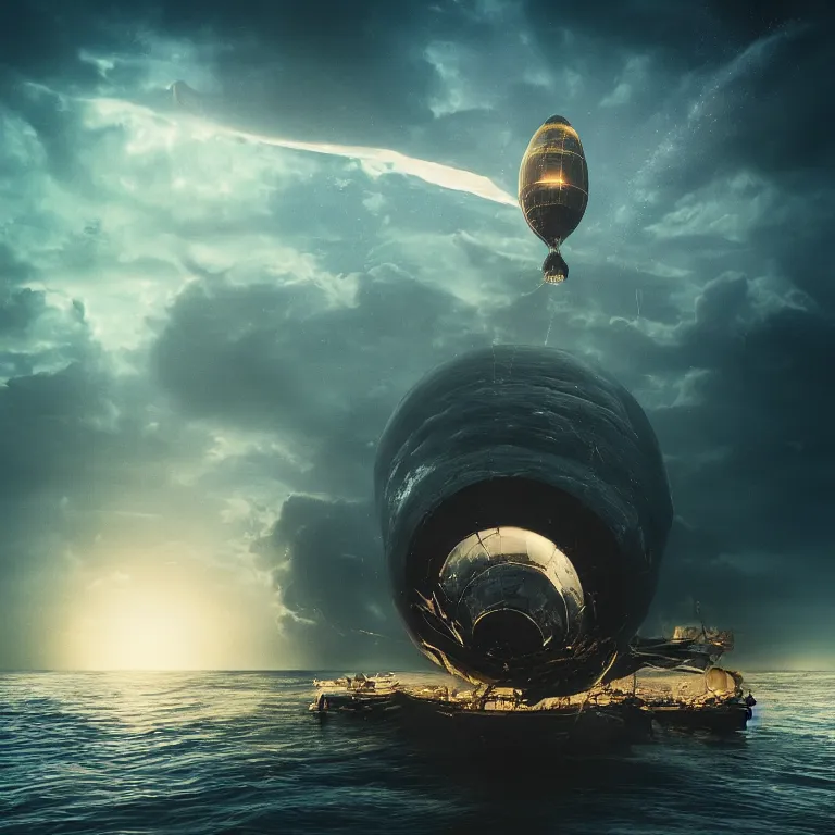 Image similar to a dirigible made of dark matter cruising the depth of the sea , cinematic lighting, photorealistic image, 8k, ultra detailed, high resolution,