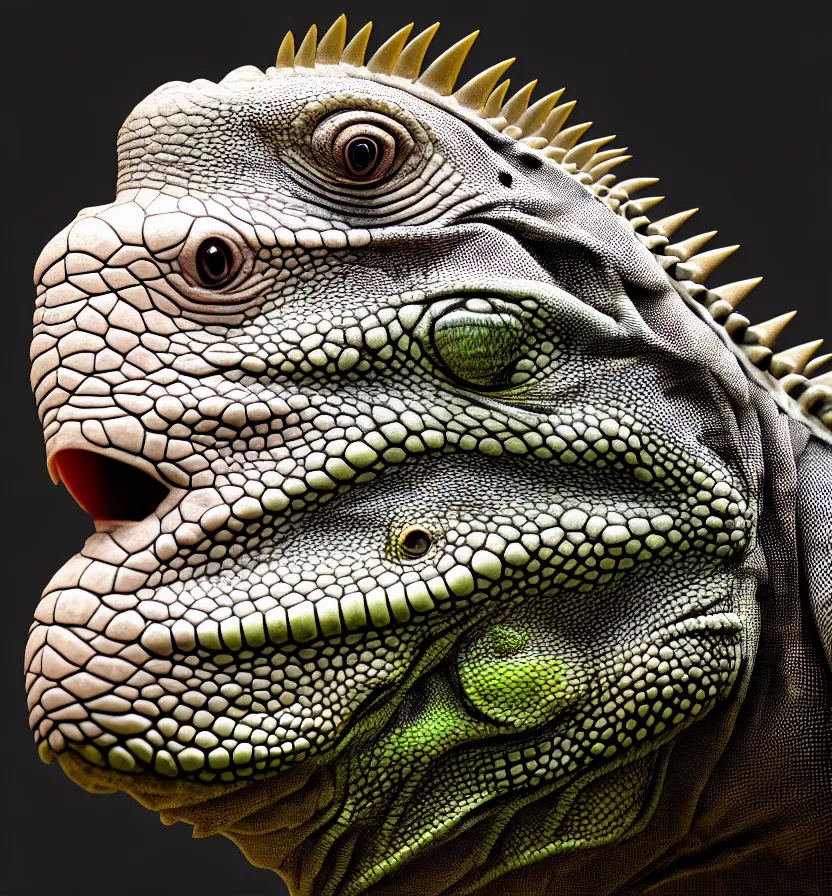 Image similar to iguana head the head has a symmetrical horn and tumor, and there is a rhino horn at the front of the beak, rich detail realistic photoreal photorealistic octane render 8 k