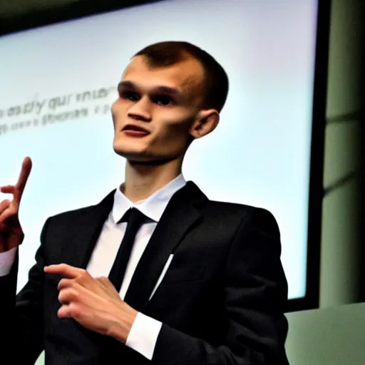 Image similar to gigachad vitalik buterin wearing a suit presenting at a conference