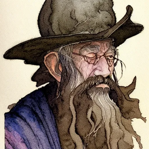 Image similar to a simple and atmospheric watercolour fantasy character concept art portrait of an old and wise wizard, very muted colors, by rebecca guay, michael kaluta, charles vess and jean moebius giraud