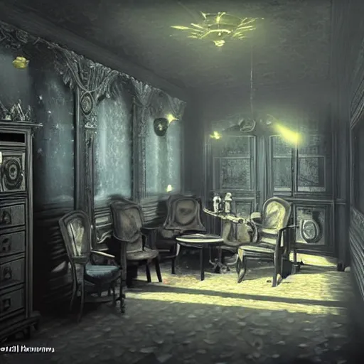 Prompt: A darkened kitsch-filled dusty parlor brightened by the morning sun, highly detailed, cinematic, vignette