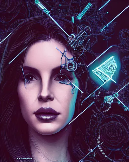 Image similar to portrait of lana del rey as a cyberpunk cyborg. intricate abstract. intricate artwork, tear drops, roses, crucifix, by tooth wu, wlop, beeple, dan mumford. concept art, octane render, trending on artstation, greg rutkowski, symmetrical, cinematic, key art, hyper realism, iridescent accents