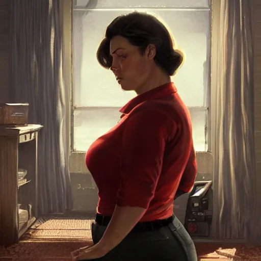 Prompt: portrait of a brunette chubby woman with blue eyes in fallout 4, light stubble with red shirt inside victorian mansion praying to god ,digital art,photorealistoc,art by greg rutkowski,hyperdetailed,western comic style,comic,comic style,sharp lineart,professional lighting,deviantart,artstation,trevor henderson,rossdtaws,cinematic,dramatic