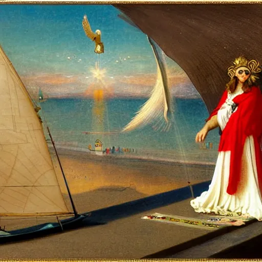 Image similar to An angel with jester hat and clothes on a greek circle archi on the front of a Balustrade with a beach and a sail boat on the background, major arcana cards, by paul delaroche and arnold böcklin hyperrealistic 8k, very detailed