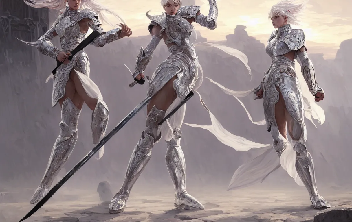 Image similar to dueling, kickboxing, battle stance, wielding sci - fi melee weapons in ruined agora of athens sunrise, white hair knights of zodiac girl matt white ice color armor, intricate and elegant, highly detailed, digital painting, artstation, concept art, illustration, art by tian zi and wlop and alphonse mucha