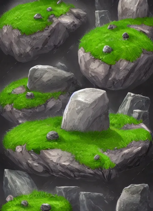 Prompt: asset set of rocks with grass on them, concept art by senior environment artist, grey background, artstation, environmental art, 2 d game art, concept art, artstation hq