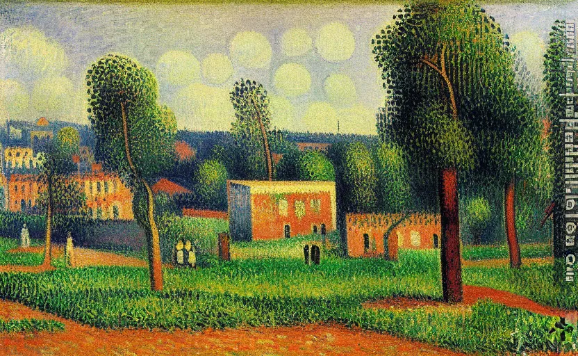 Image similar to geometric painting of industrial buildings surrounded by undergrowth by camille pissarro