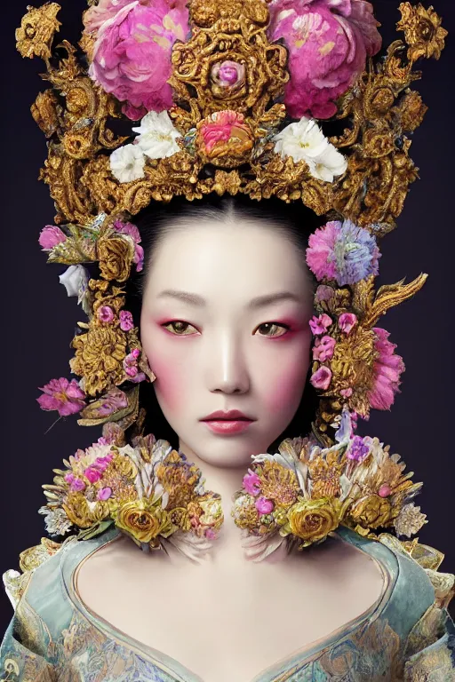 Image similar to a beautiful empress portrait, with a brilliant, impossible striking big flower headpiece, clothes entirely made out of flowers, symmetrical, dramatic studio lighting, rococo, baroque, jewels, asian, hyperrealism, closeup, D&D, fantasy, intricate, elegant, highly detailed, digital painting, artstation, octane render, 8k, concept art, matte, sharp focus, illustration, art by Artgerm and Greg Rutkowski and Alphonse Mucha