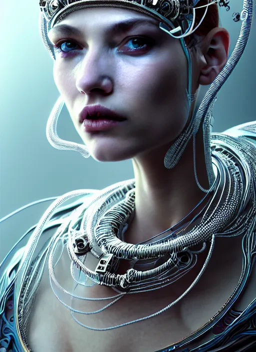 Image similar to portrait of an absurdly beautiful, graceful, sophisticated, fashionable cyberpunk mechanoid, hyperdetailed illustration by irakli nadar and alexandre ferra, intricate linework, white porcelain skin, faberge, coral headdress, unreal engine 5 highly rendered, global illumination, radiant light, detailed and intricate environment