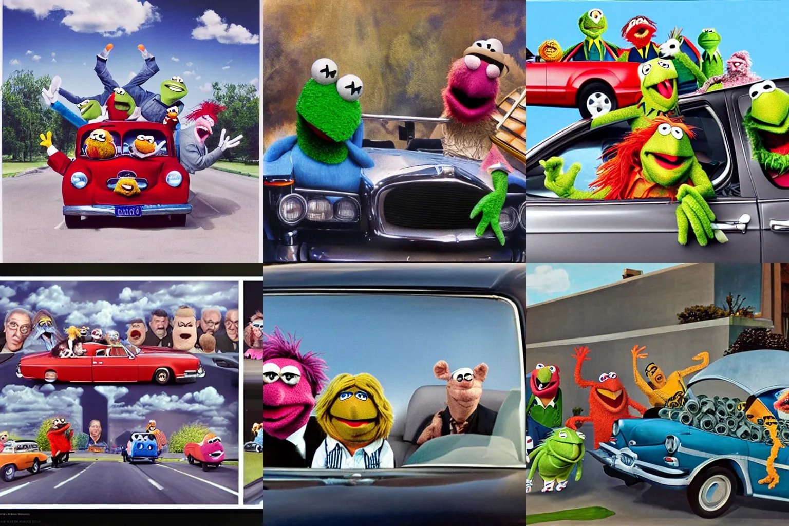 Prompt: A car full of Muppets doing a drive-by shooting. Hyperrealist, surrealistic.