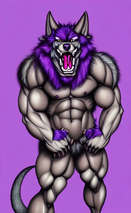 Image similar to painting of an anthropomorphic bulky muscular purple wolf, furry style, wearing jeans, deviant art, fursona, professional furry drawing, insanely detailed, bulky wolf - dragon like face with dragon features, doing a pose from jojo's bizarre adventure, detailed veiny muscles, exaggerated features, beautiful shading, huge white teeth, grinning, colorful background
