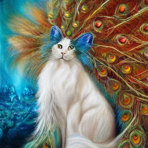 Prompt: beautiful white cat with long flowing fur and mane and tail made of peacock feathers detailed painting in the style of josephine wall 4 k